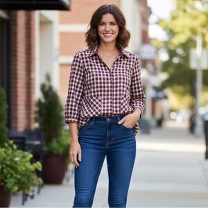 CHRISTOPHER & BANKS Checkered Snap Front  Closure, Women’s M, Red Wine White